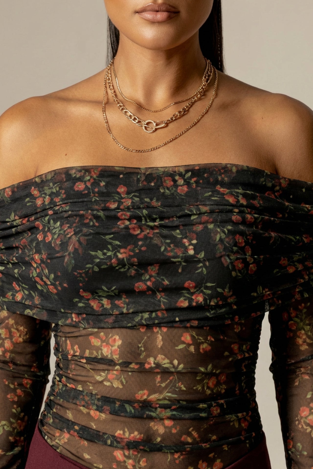 Regina Draped Off-Shoulder Mesh Top (Victorian Rose)