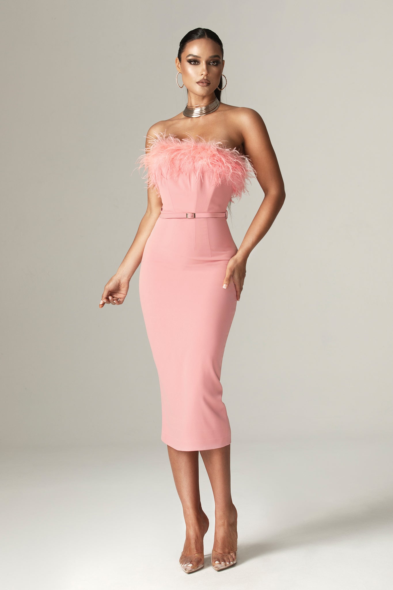 Carmen Strapless Corset Belted Midi Dress (Blush Pink)