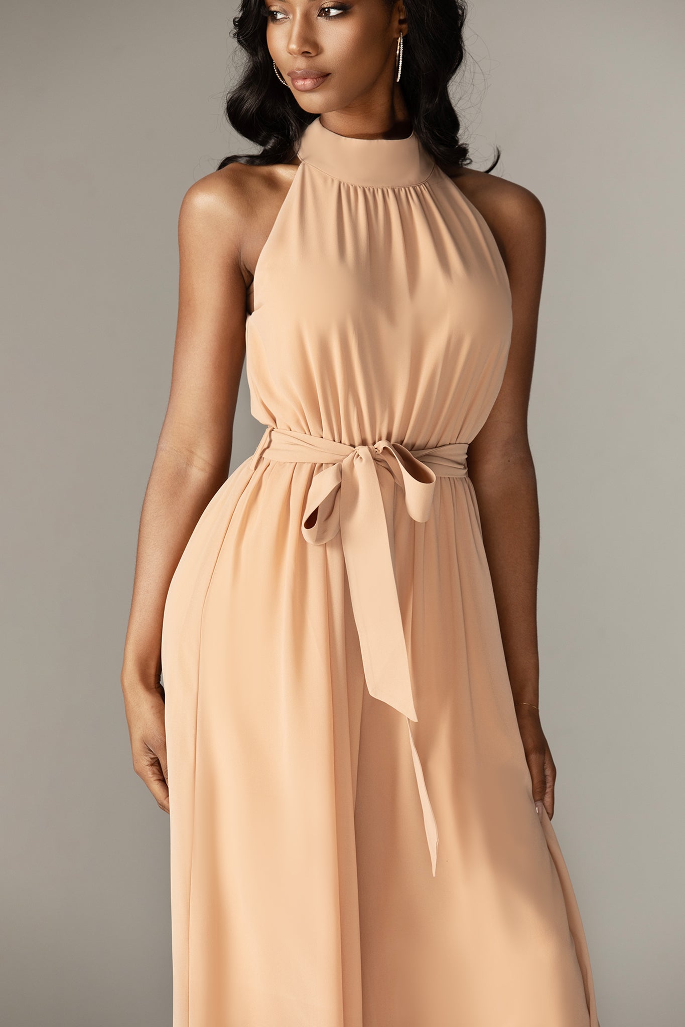 Fadia Chiffon Wide Leg Belted Jumpsuit (Nude)