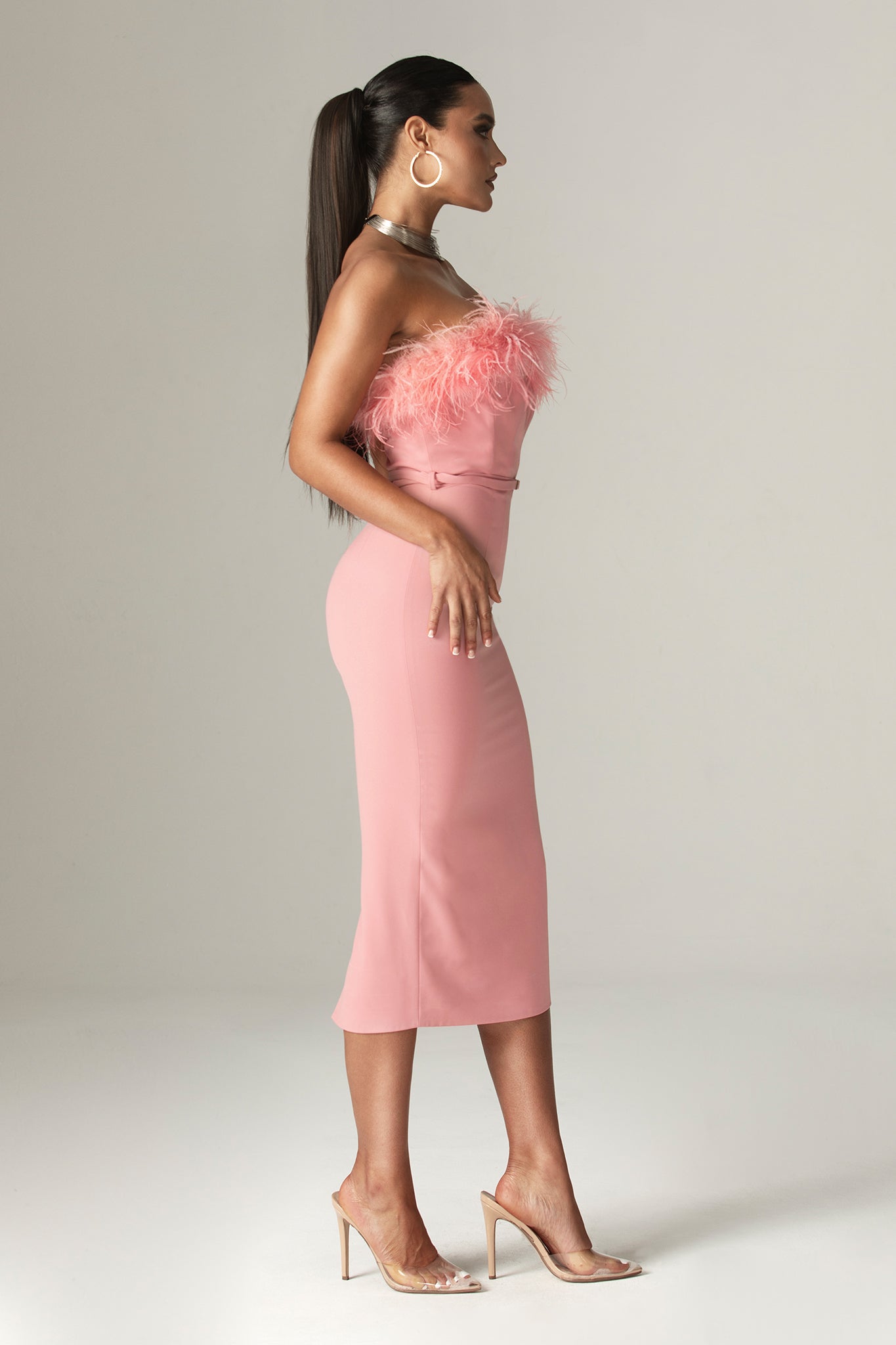 Carmen Strapless Corset Belted Midi Dress (Blush Pink)