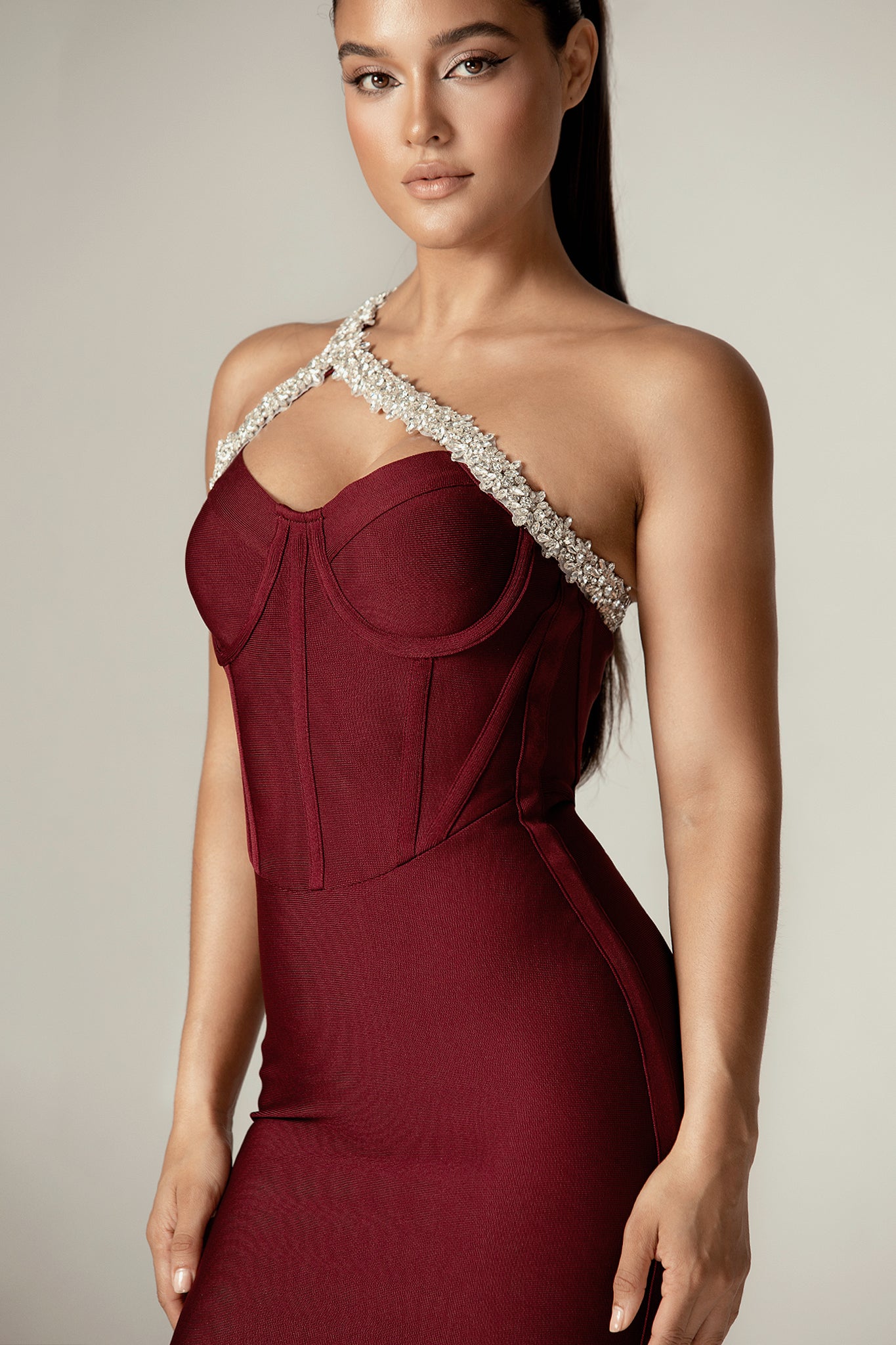 Diva Rhinestone Bandage Midi Dress (Burgundy)