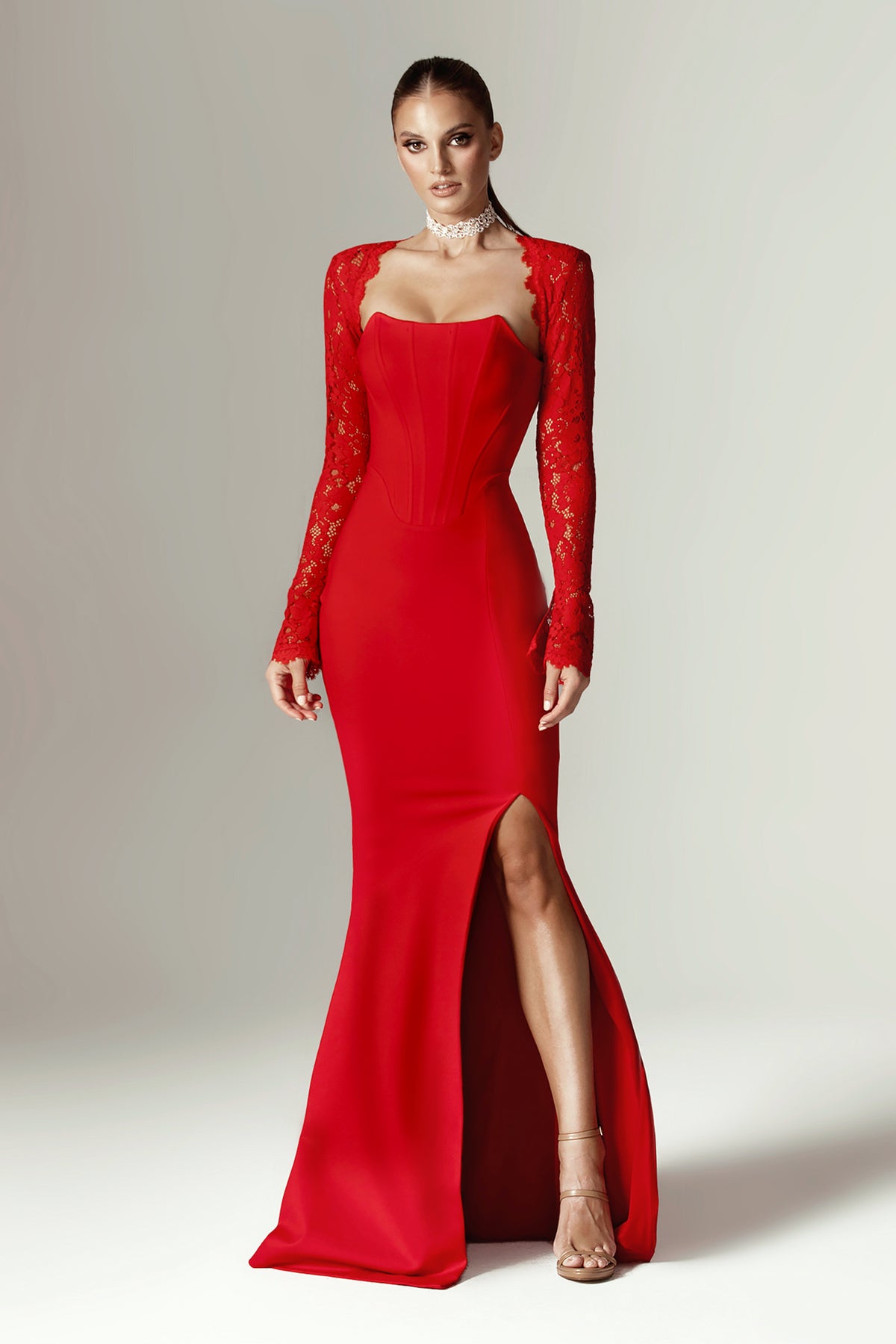 Veva Guipure Lace Corset Maxi Dress (Red) Veva Guipure Lace Corset Maxi Dress (Red)