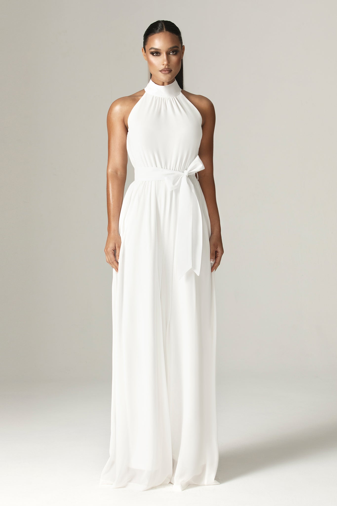 Fadia Chiffon Wide Leg Belted Jumpsuit (Off White)