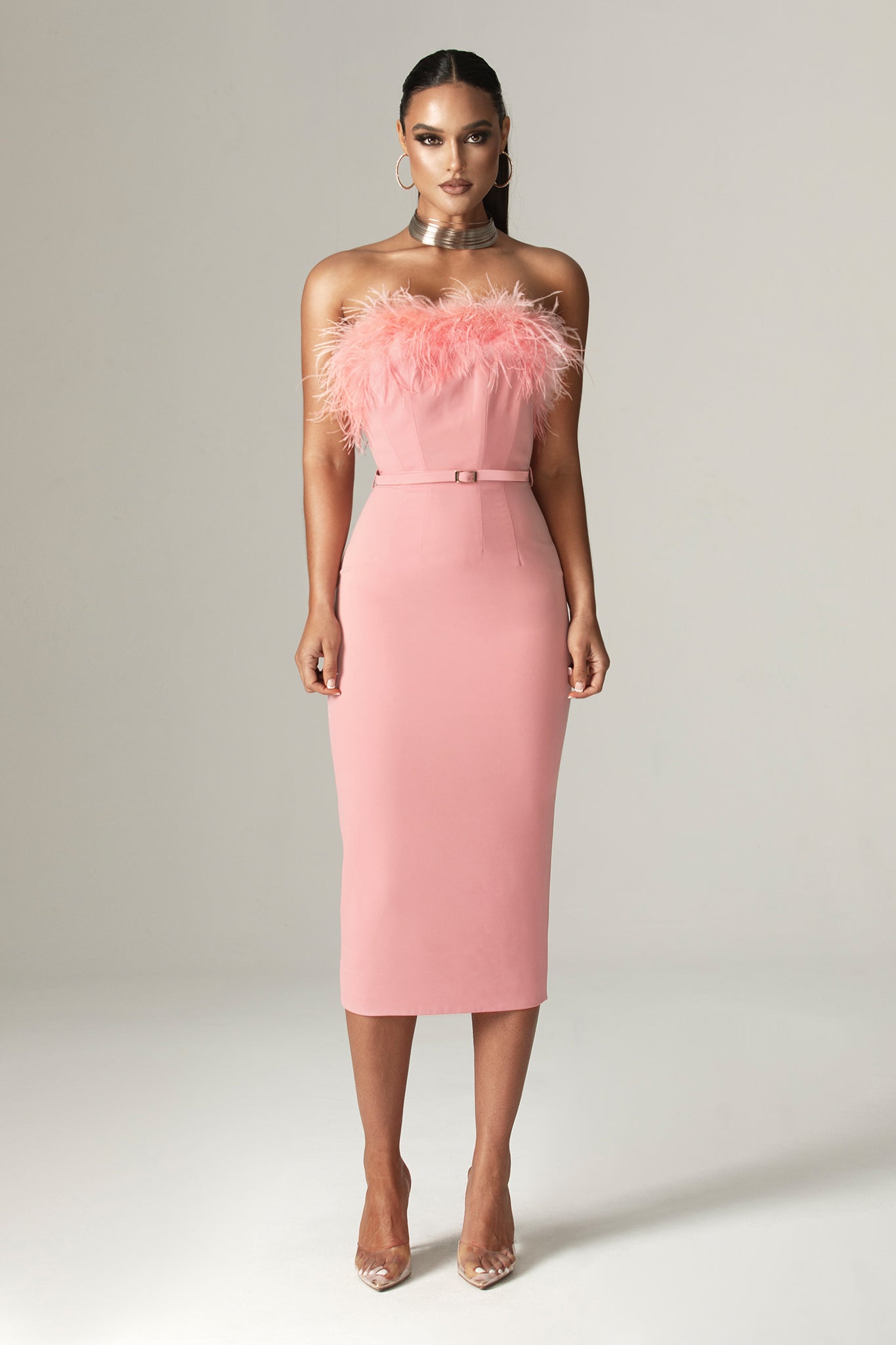 Carmen Strapless Corset Belted Midi Dress (Blush Pink)