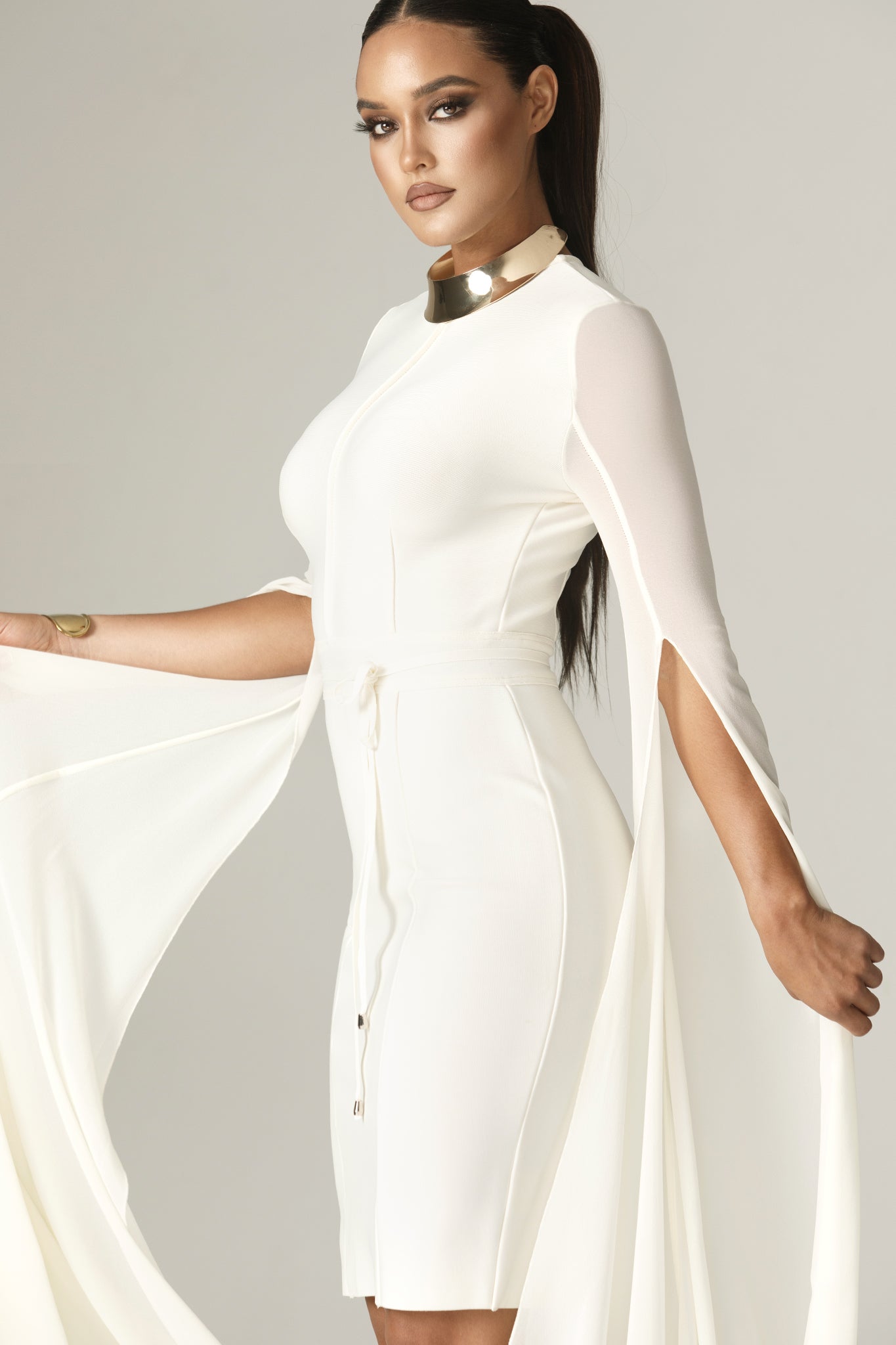 Ziba Bandage Shawl Sleeves Midi Dress (Ivory)