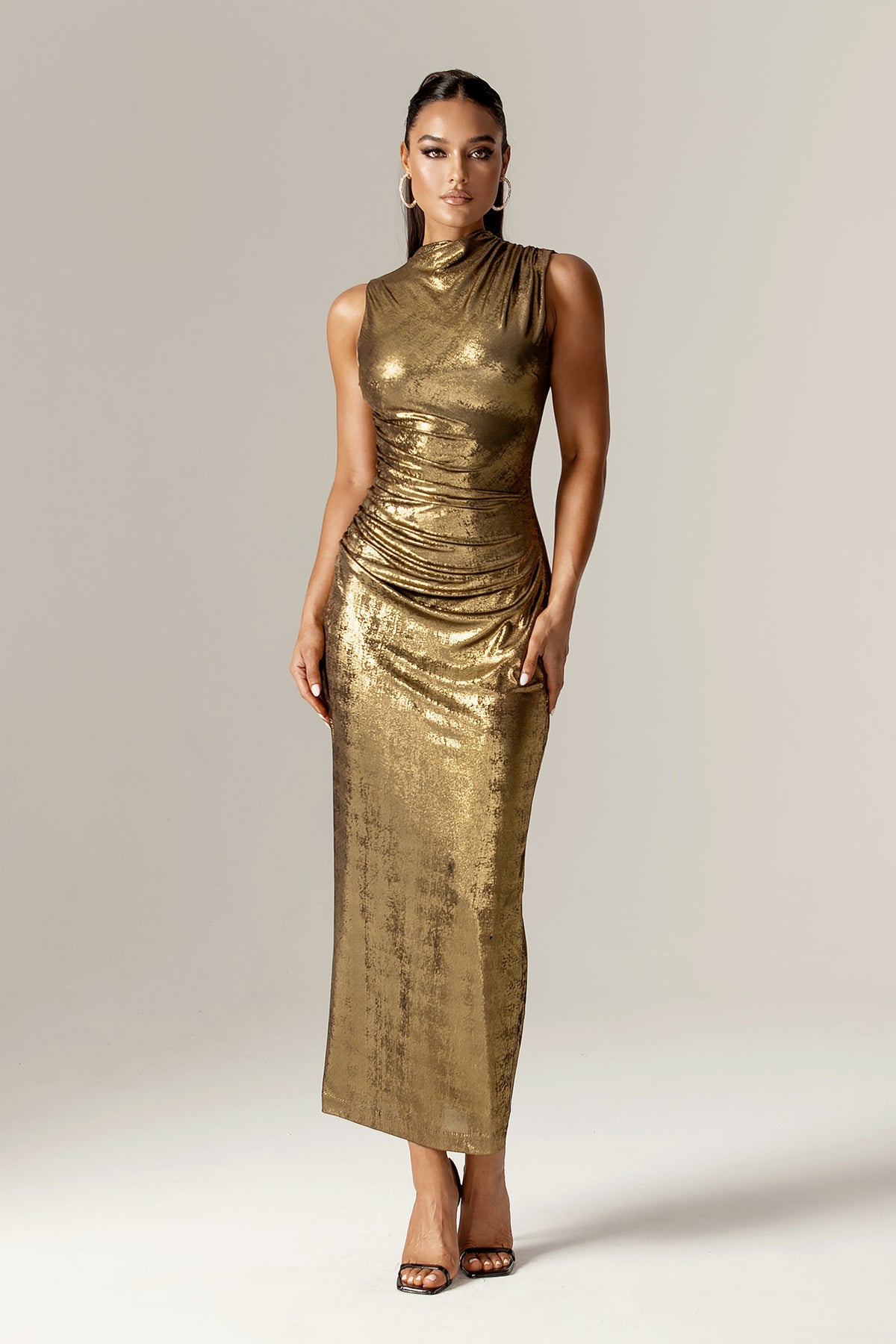 Doreena Metallic Ruched Maxi Dress (Gold) Doreena Metallic Ruched Maxi Dress (Gold)