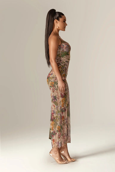 fawn ruched mesh maxi dress Evita Ruched Mesh Corset Maxi Dress (Garden Muse) – Aliava