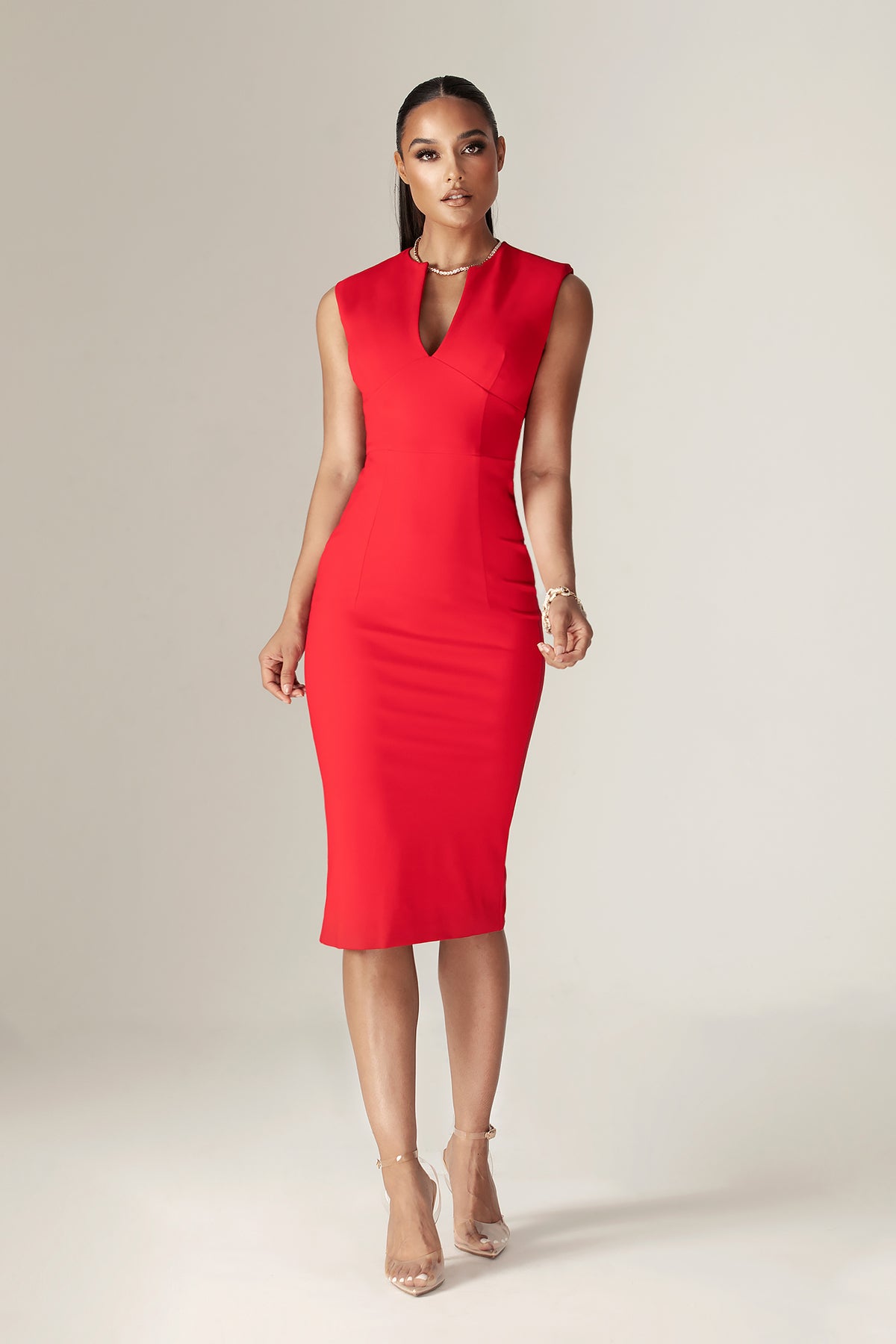 dress with a deep neckline Amedeo Plunge Halter Neck Maxi Fit Fit Bridal Plunging Neckline Dress |