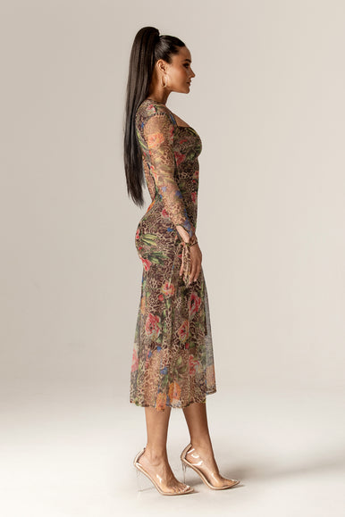 Noelle Mesh Cutout Midi Dress (Leopard's Peony)