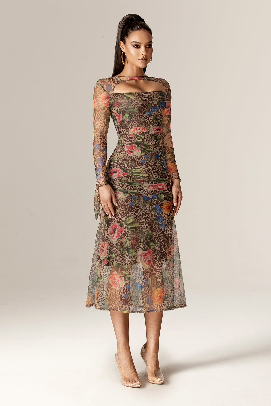 Noelle Mesh Cutout Midi Dress (Leopard’s Peony) S