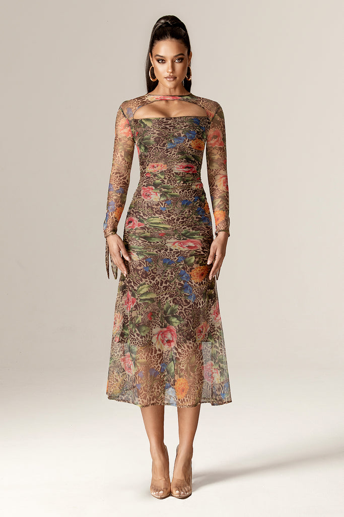 Noelle Mesh Cutout Midi Dress (Leopard's Peony)