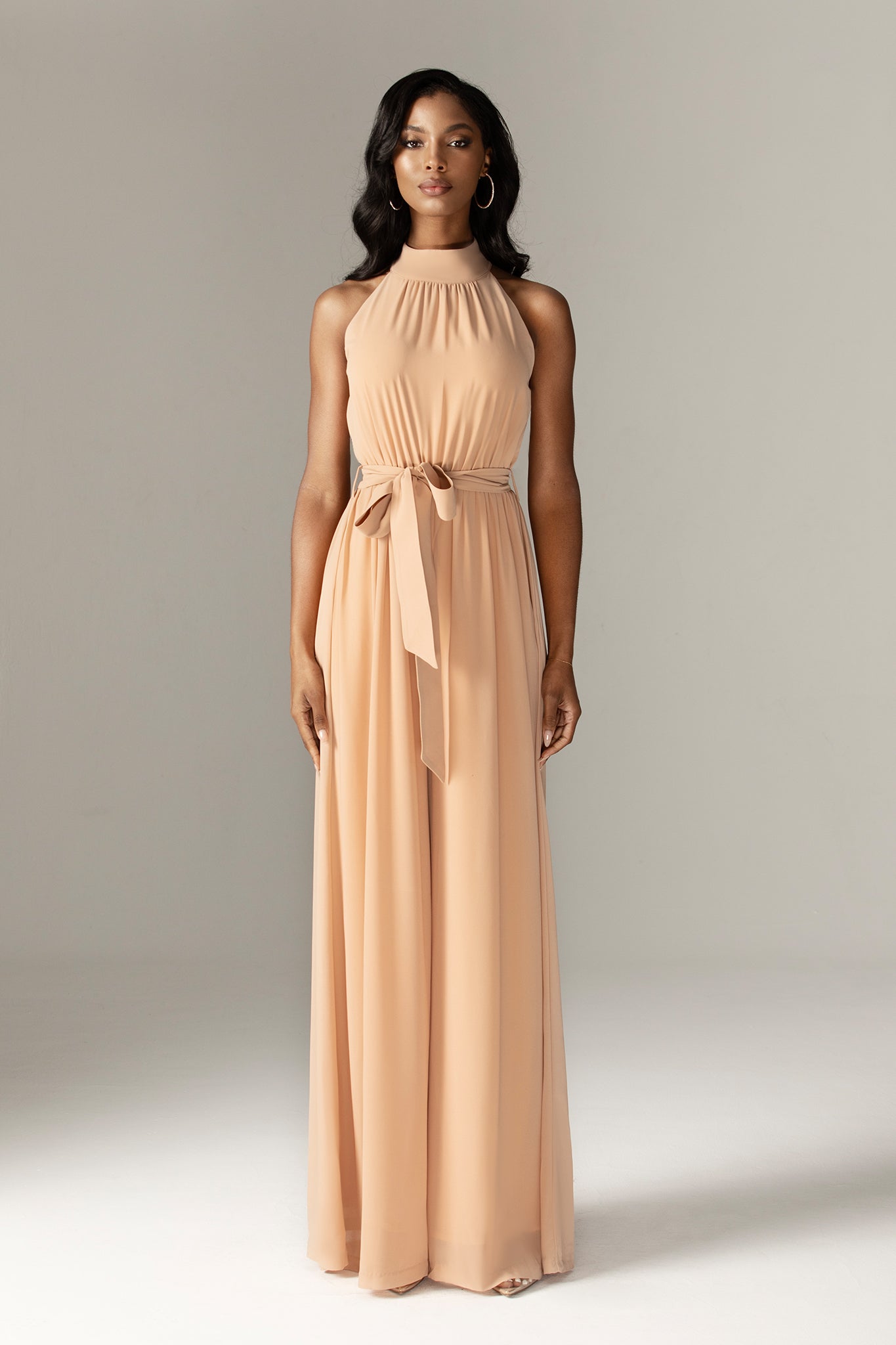 Fadia Chiffon Wide Leg Belted Jumpsuit (Nude)