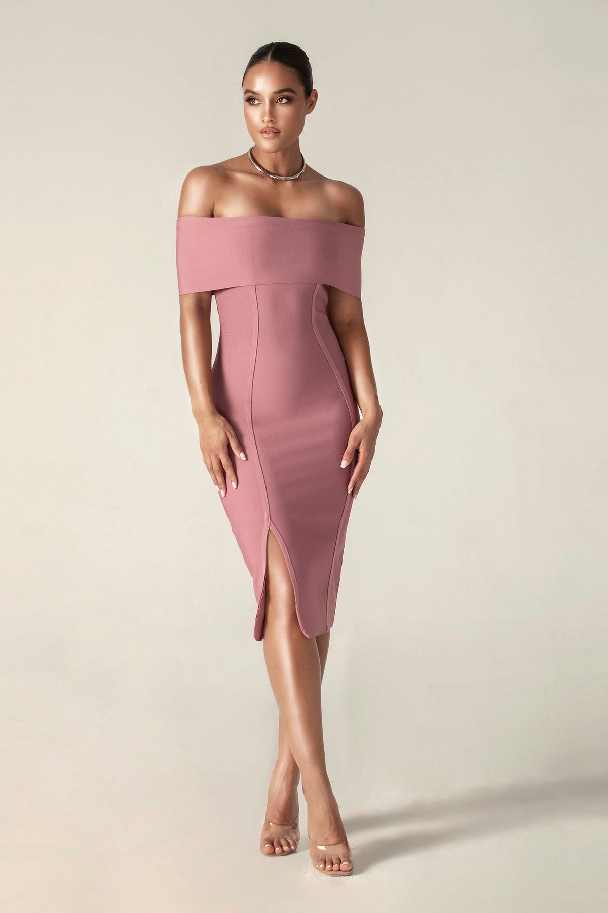 Aliava | Miel Off Shoulder Bandage Dress (Thulian Pink) XS Aliava | Miel Off Shoulder Bandage Dress (Thulian Pink) XS