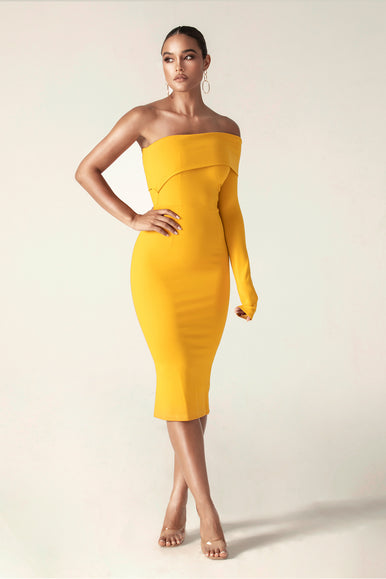 mustard off shoulder dress Rita One Shoulder Dress (Mustard Yellow)