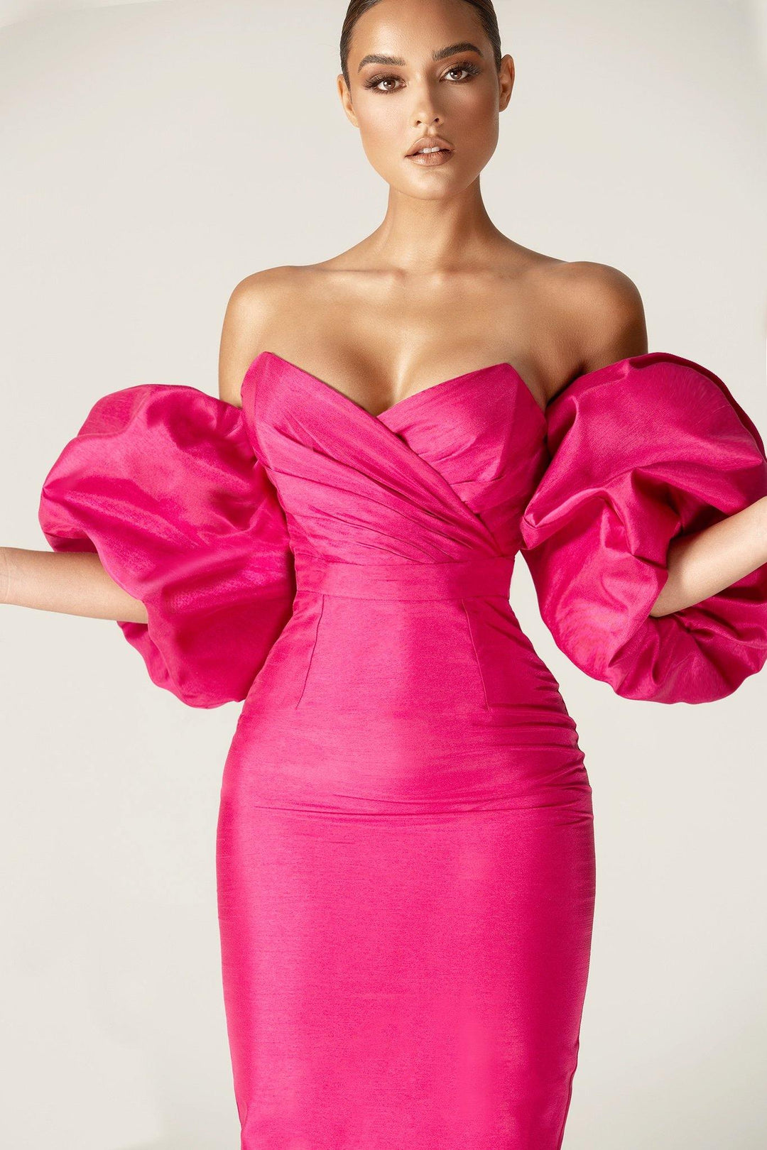 Tiffany Dupioni Puff Sleeve Maxi Dress (Hot Pink) XS