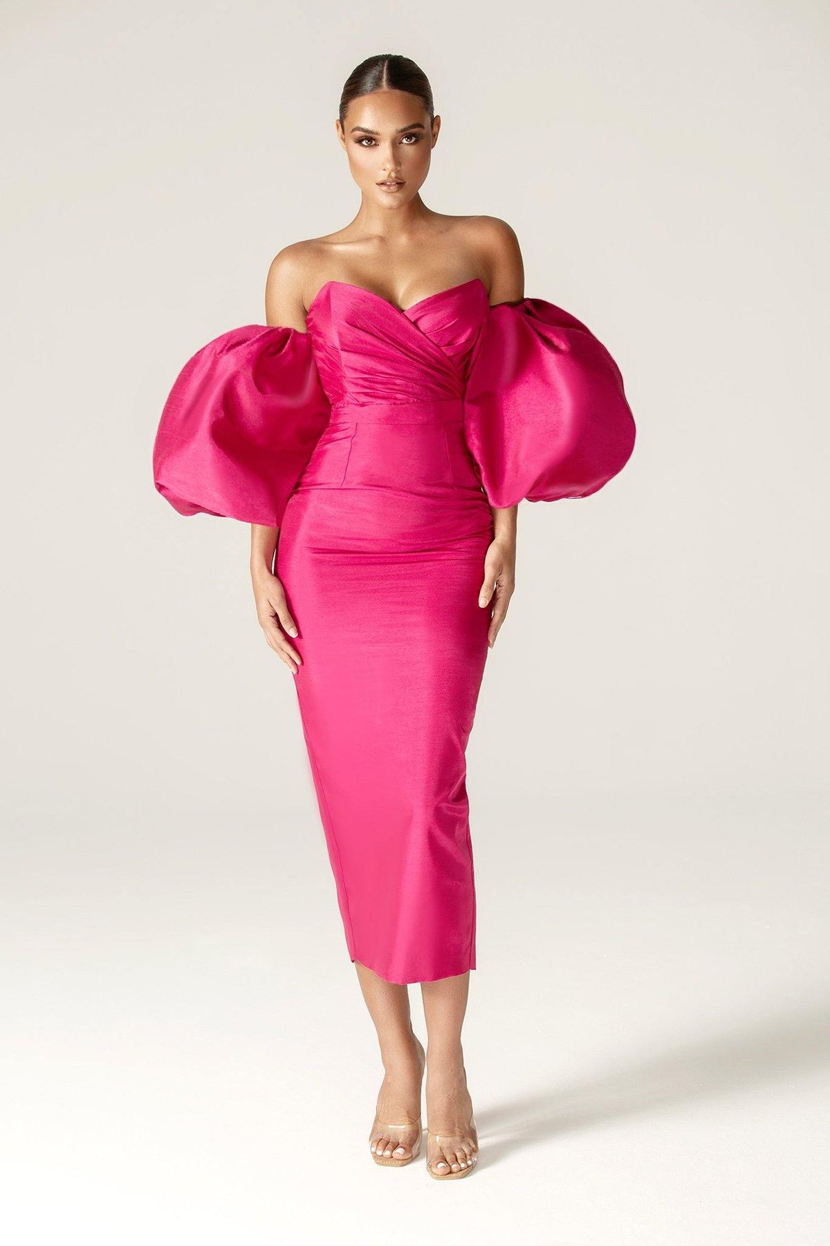 pink puff sleeve dress Tiffany Dupioni Puff Sleeve Maxi Dress (Hot Pink)