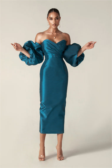 Tiffany Dupioni Puff Sleeve Maxi Dress (Royal Blue)