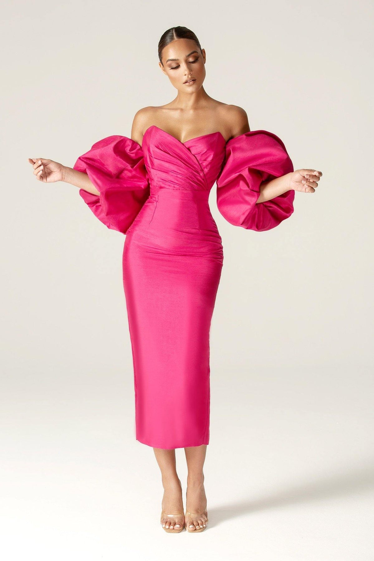 Aliava | Tiffany Dupioni Puff Sleeve Maxi Dress (Hot Pink) L Aliava | Tiffany Dupioni Puff Sleeve Maxi Dress (Hot Pink) L